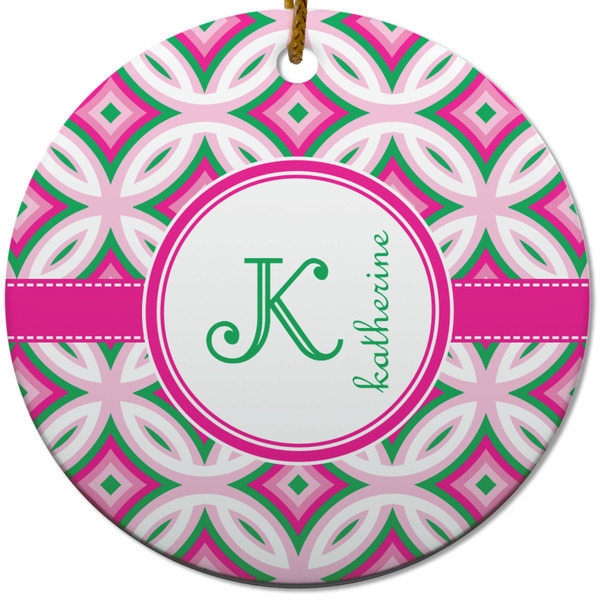 Custom Linked Circles & Diamonds Round Ceramic Ornament w/ Name and Initial