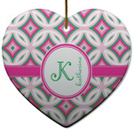 Linked Circles & Diamonds Heart Ceramic Ornament w/ Name and Initial