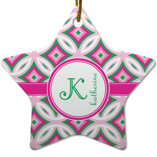 Custom Linked Circles & Diamonds Star Ceramic Ornament w/ Name and Initial