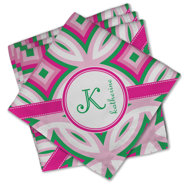 Custom Linked Circles & Diamonds Cloth Cocktail Napkins - Set of 4 w/ Name and Initial