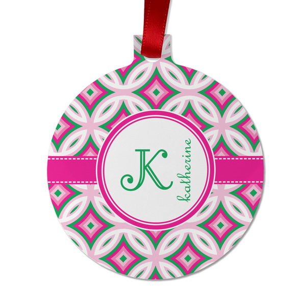 Custom Linked Circles & Diamonds Metal Ball Ornament - Double Sided w/ Name and Initial