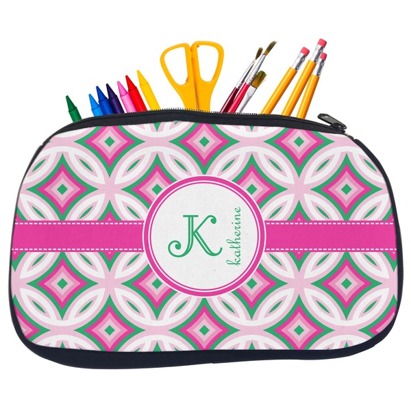 Custom Linked Circles & Diamonds Neoprene Pencil Case - Medium w/ Name and Initial