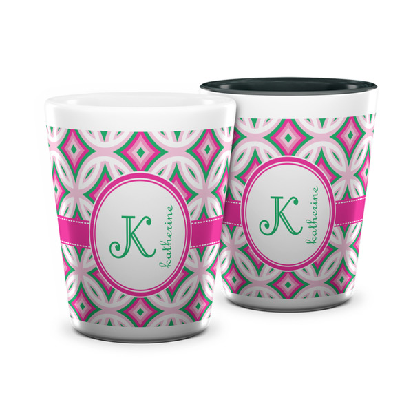 Custom Linked Circles & Diamonds Ceramic Shot Glass - 1.5 oz (Personalized)