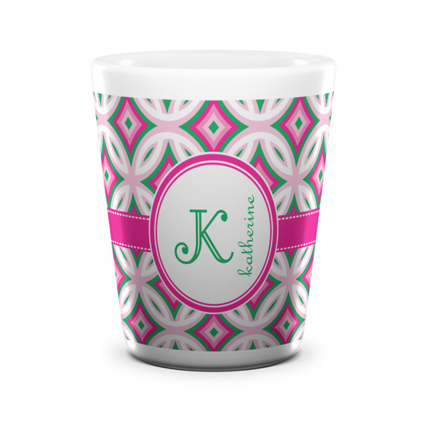 Custom Linked Circles & Diamonds Ceramic Shot Glass - 1.5 oz - White - Single (Personalized)