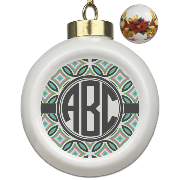 Custom Geometric Circles Ceramic Ball Ornaments - Poinsettia Garland (Personalized)