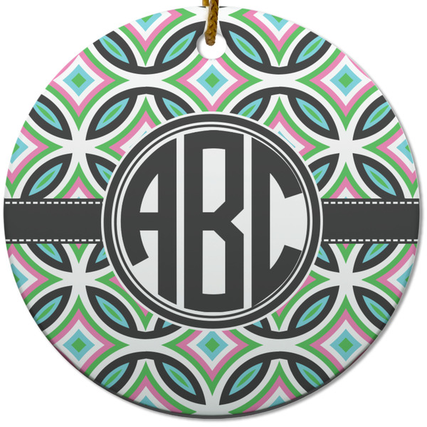 Custom Geometric Circles Round Ceramic Ornament w/ Monogram