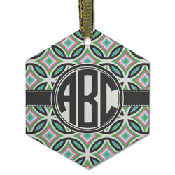 Geometric Circles Flat Glass Ornament - Hexagon w/ Monogram