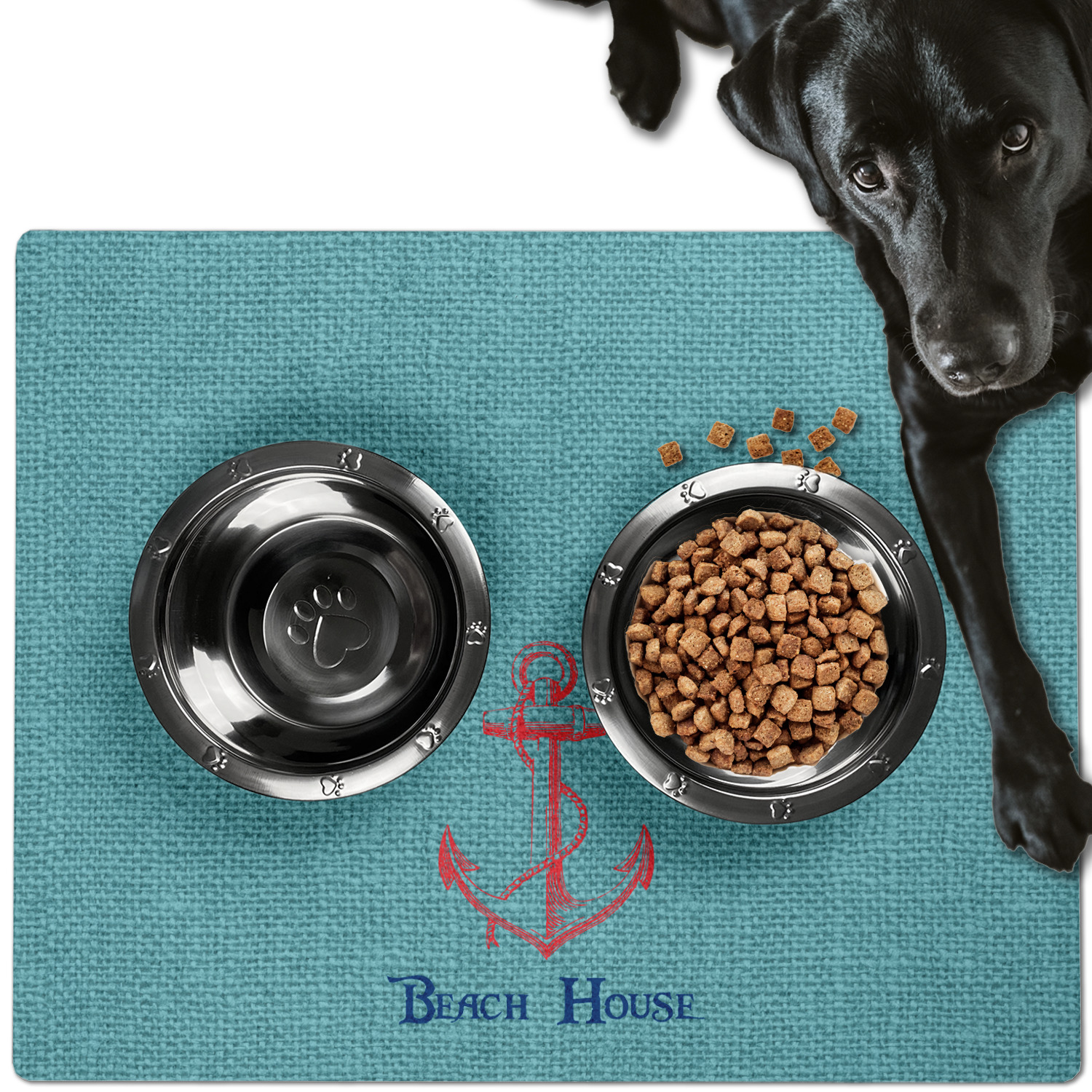 Custom Chic Beach House Bone Shaped Dog Food Mat