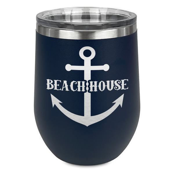 Custom Chic Beach House Stemless Stainless Steel Wine Tumbler - Navy - Double Sided