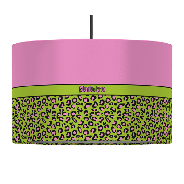 Custom Pink & Lime Green Leopard 12" Drum Pendant Lamp - Fabric (Personalized)