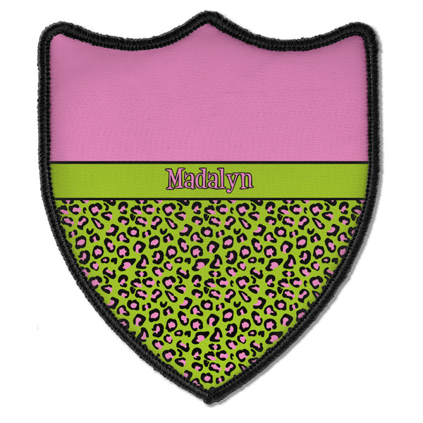 Custom Pink & Lime Green Leopard Iron On Shield Patch B w/ Name or Text