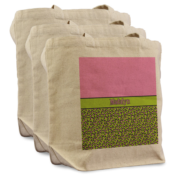 Custom Pink & Lime Green Leopard Reusable Cotton Grocery Bags - Set of 3 (Personalized)