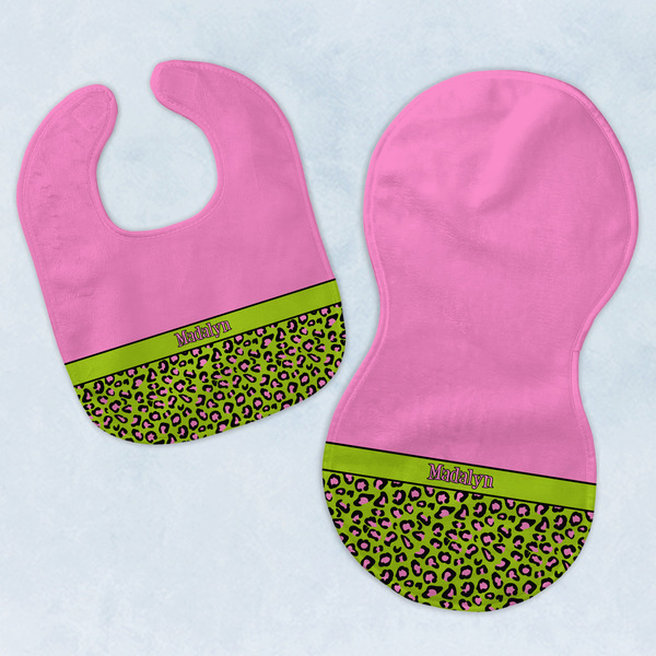 Custom Pink & Lime Green Leopard Baby Bib & Burp Set w/ Name or Text