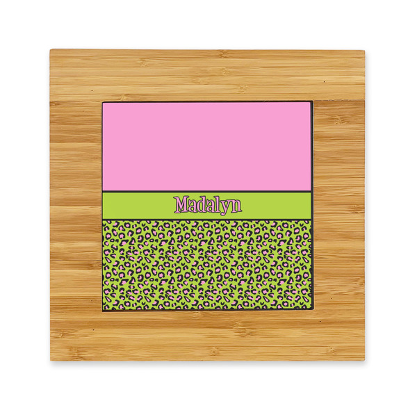 Custom Pink & Lime Green Leopard Bamboo Trivet with Ceramic Tile Insert (Personalized)