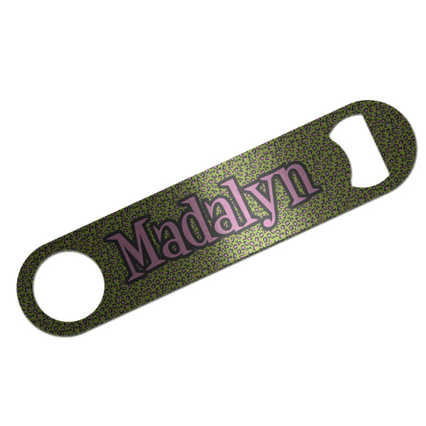 Custom Pink & Lime Green Leopard Bar Bottle Opener - Silver w/ Name or Text