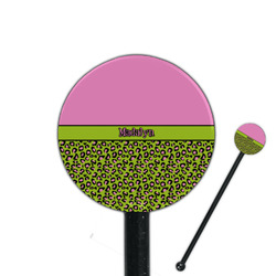 Pink & Lime Green Leopard 5.5" Round Plastic Stir Sticks - Black - Double Sided (Personalized)