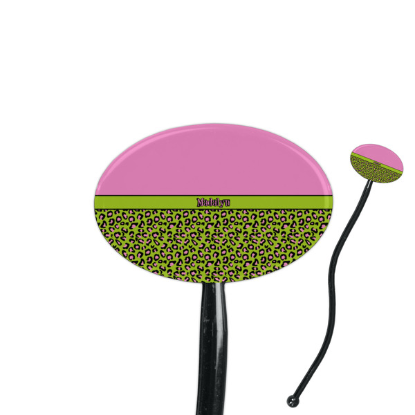 Custom Pink & Lime Green Leopard 7" Oval Plastic Stir Sticks - Black - Double Sided (Personalized)