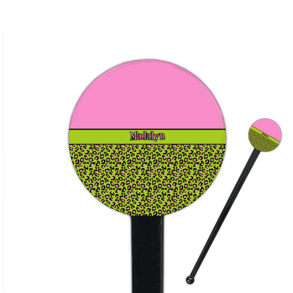 Custom Pink & Lime Green Leopard 7" Round Plastic Stir Sticks - Black - Double Sided (Personalized)