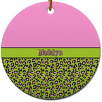 Pink & Lime Green Leopard Round Ceramic Ornament w/ Name or Text