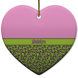 Pink & Lime Green Leopard Heart Ceramic Ornament w/ Name or Text