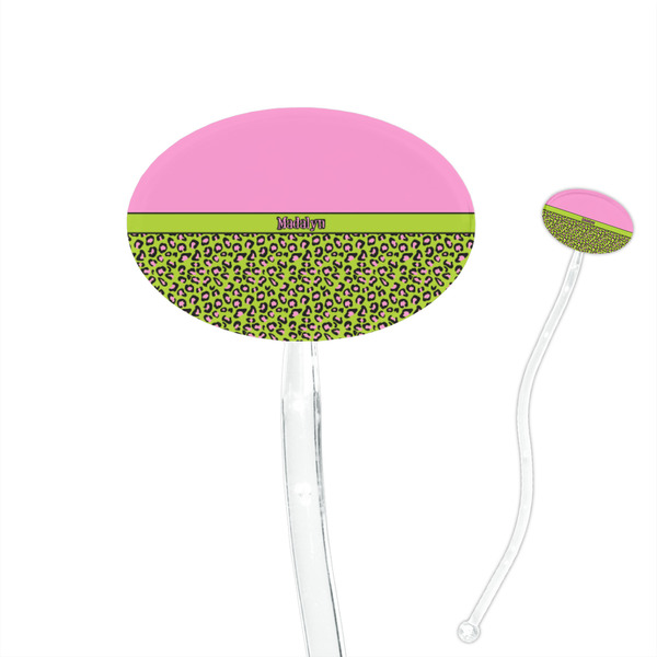 Custom Pink & Lime Green Leopard 7" Oval Plastic Stir Sticks - Clear (Personalized)