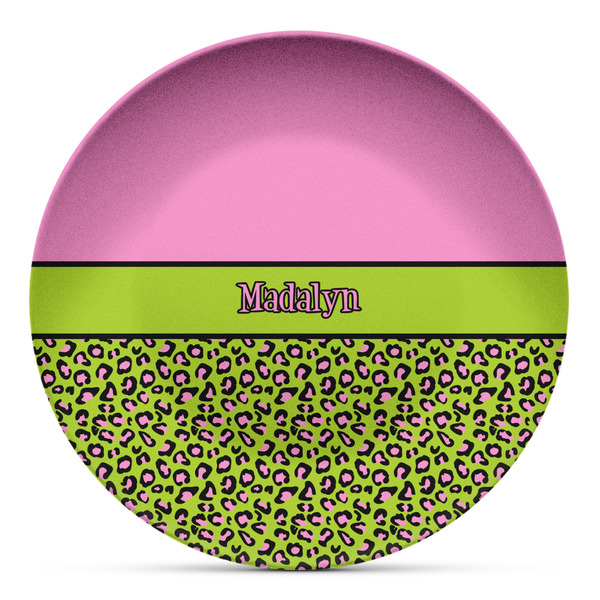 Custom Pink & Lime Green Leopard Microwave Safe Plastic Plate - Composite Polymer (Personalized)