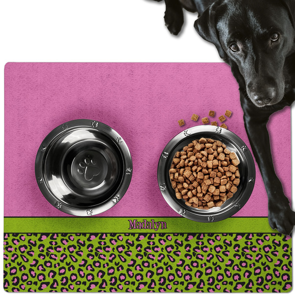 Custom Pink & Lime Green Leopard Dog Food Mat - Large w/ Name or Text