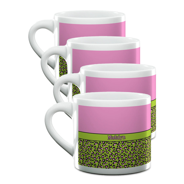 Custom Pink & Lime Green Leopard Double Shot Espresso Cups - Set of 4 (Personalized)