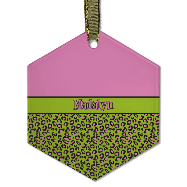 Custom Pink & Lime Green Leopard Flat Glass Ornament - Hexagon w/ Name or Text