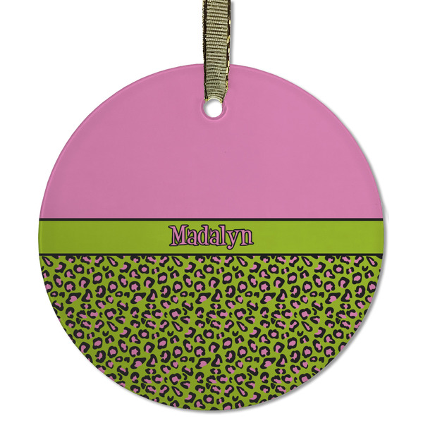 Custom Pink & Lime Green Leopard Flat Glass Ornament - Round w/ Name or Text