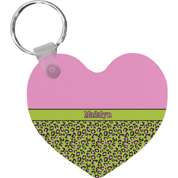 Custom Pink & Lime Green Leopard Heart Plastic Keychain w/ Name or Text