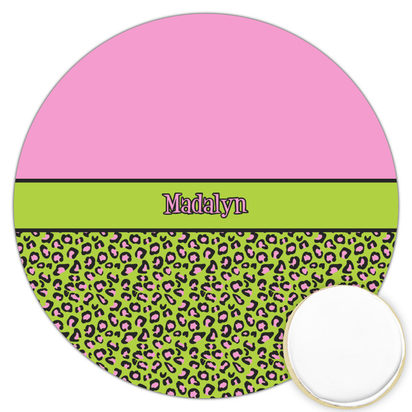 Custom Pink & Lime Green Leopard Printed Cookie Topper - 3.25" (Personalized)
