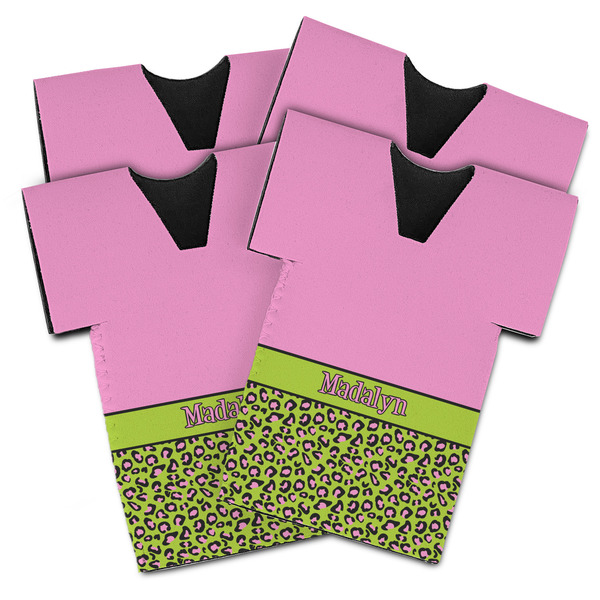 Custom Pink & Lime Green Leopard Jersey Bottle Cooler - Set of 4 (Personalized)