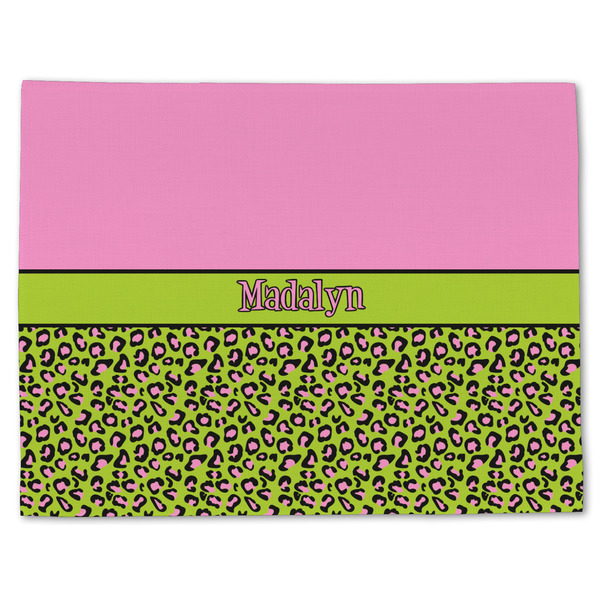 Custom Pink & Lime Green Leopard Single-Sided Linen Placemat - Single w/ Name or Text