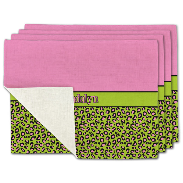 Custom Pink & Lime Green Leopard Single-Sided Linen Placemat - Set of 4 w/ Name or Text