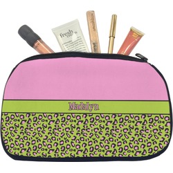 Pink & Lime Green Leopard Makeup / Cosmetic Bag - Medium (Personalized)