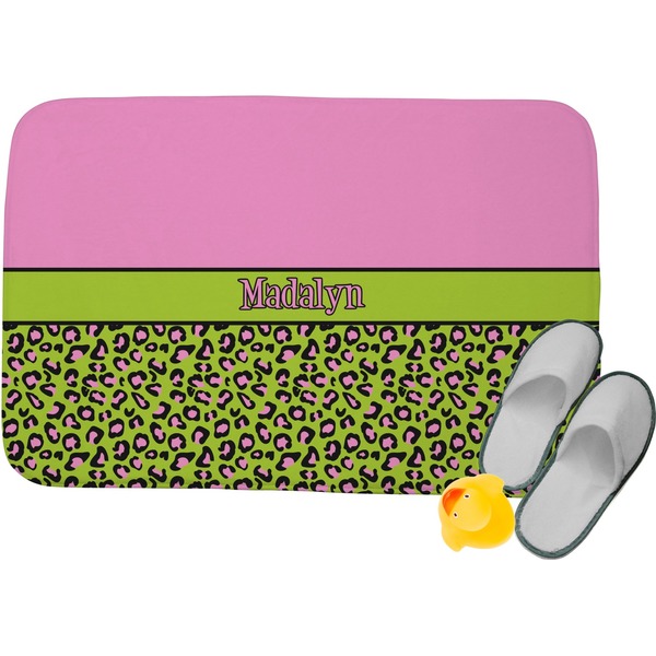 Custom Pink & Lime Green Leopard Memory Foam Bath Mat - 34"x21" (Personalized)