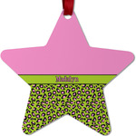 Pink & Lime Green Leopard Metal Star Ornament - Double Sided w/ Name or Text