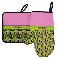 Pink & Lime Green Leopard Left Oven Mitt & Pot Holder Set w/ Name or Text