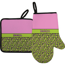 Pink & Lime Green Leopard Right Oven Mitt & Pot Holder Set w/ Name or Text