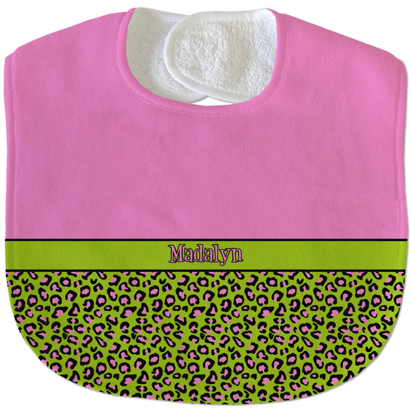 Custom Pink & Lime Green Leopard Velour Baby Bib w/ Name or Text