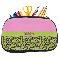 Pink & Lime Green Leopard Neoprene Pencil Case - Medium w/ Name or Text
