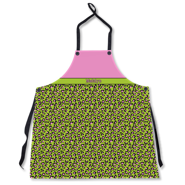 Custom Pink & Lime Green Leopard Apron Without Pockets w/ Name or Text