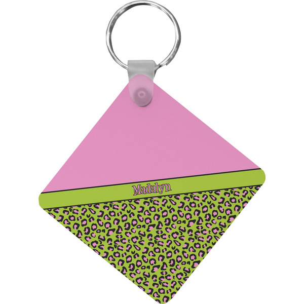 Custom Pink & Lime Green Leopard Diamond Plastic Keychain w/ Name or Text