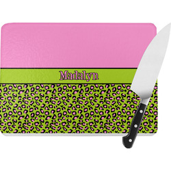 Pink & Lime Green Leopard Rectangular Glass Cutting Board - Large - 15.25"x11.25" w/ Name or Text