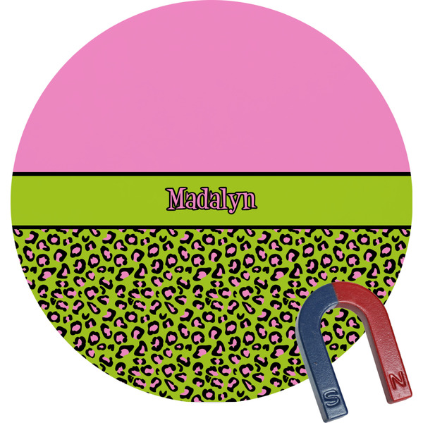 Custom Pink & Lime Green Leopard Round Fridge Magnet (Personalized)