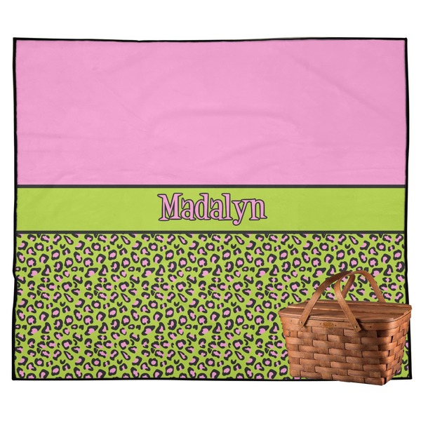 Custom Pink & Lime Green Leopard Outdoor Picnic Blanket (Personalized)