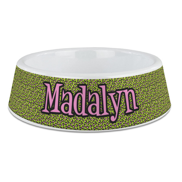 Custom Pink & Lime Green Leopard Plastic Dog Bowl - Large (Personalized)