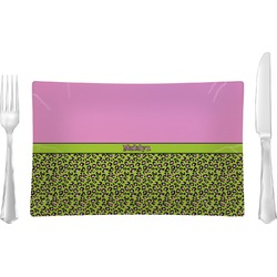 Pink & Lime Green Leopard Glass Rectangular Lunch / Dinner Plate w/ Name or Text