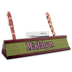 Pink & Lime Green Leopard Red Mahogany Nameplate with Business Card Holder (Personalized)